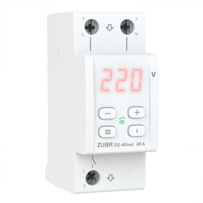 
					Захисне реле напруги однофазне D2-40 на DIN-рейку, 40А, 8800ВА, 120-280В, двохмодульне з індикатором напруги (Червоний)