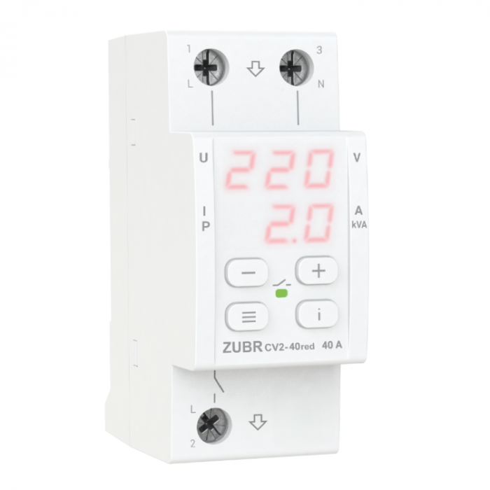 
					Захисне реле напруги однофазне CV2-40 з контролем струму на DIN-рейку, 40А, 8800ВА, 120-280В, двомодульне з індикатором напруги (Червоний)