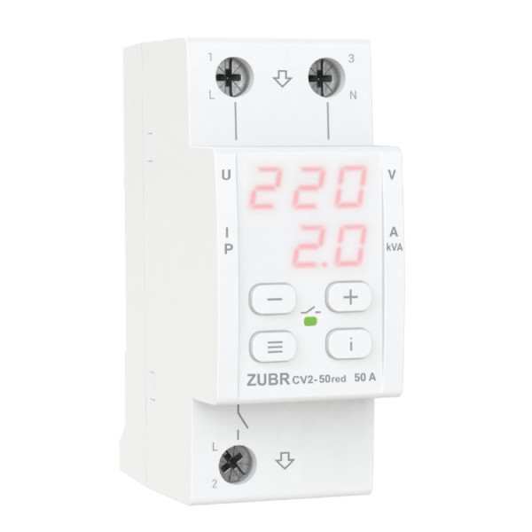 
					Захисне реле напруги однофазне CV2-63 з контролем струму на DIN-рейку, 63А, 13900ВА, 120-280В, двомодульне з індикатором напруги (Червоний)