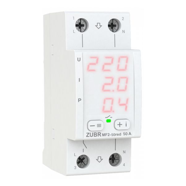 
					Багатофункціональне реле однофазне MF2-50 на DIN-рейку, 50А, 11000ВА, 120-280В, двомодульне з індикатором напруги, струму, потужності (Червоний)