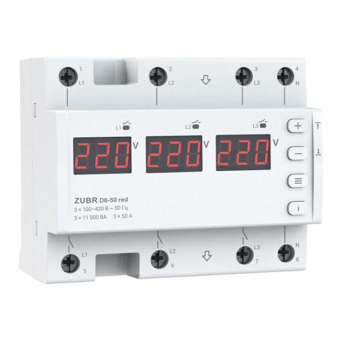 
					Двухрежимное реле напруги однофазное/трехфазное D6-50 на DIN-рейку, 3*50А, 3*11000ВА, 120-280В, шестимодульне з індикатором напруги (Червоний)