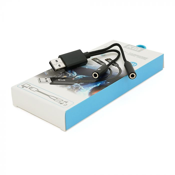 
					Перехідник для навушників та мікрофона KIN KY-211 USB2.0(M)-2/Jack3.5(F), Black, Box
