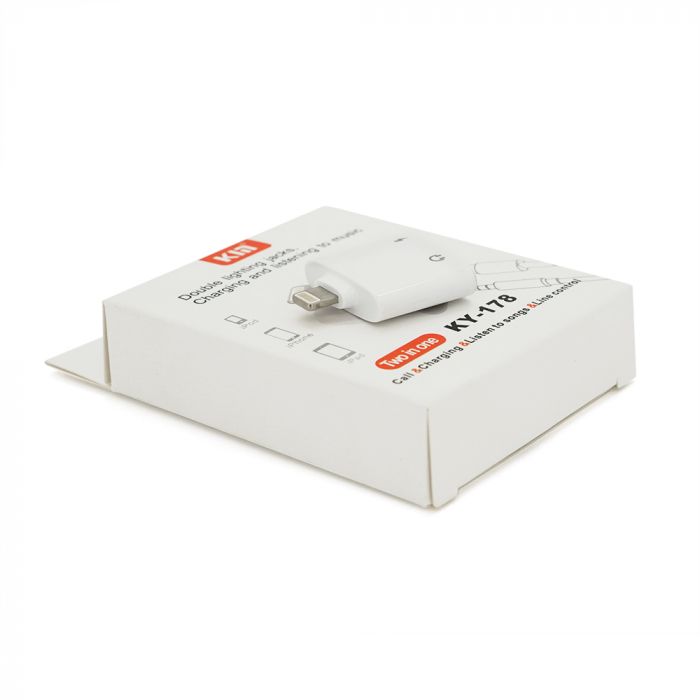 
					Перехідник KIN KY-178 Lighting(M) => Jack 3.5mm(F)+Lighting(F), White, Box