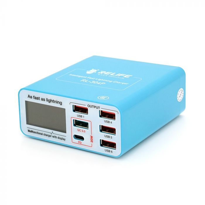 
					Зарядний пристрій RELIFE RL-304P, 6 USB+ Type-C, бездротова зарядка, Fast Charger, 5A, 40W, індикатор струму заряду, Box