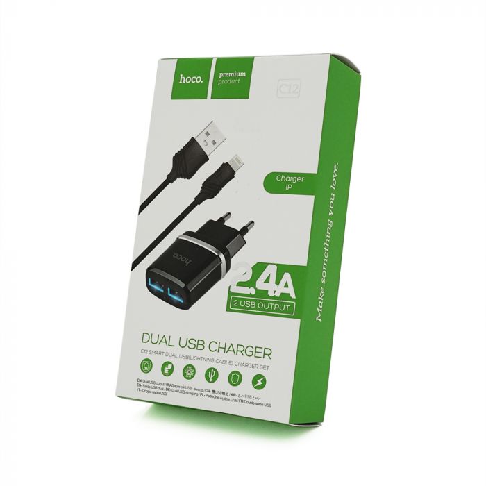 
					Набір HOCO C12 СЗУ 1xUSB+ кабель iPhone, 2.4A, Black, Blister-box