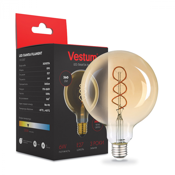 Лампа LED Vestum филамент "винтаж" golden twist G95 Е27 6Вт 220V 2500К