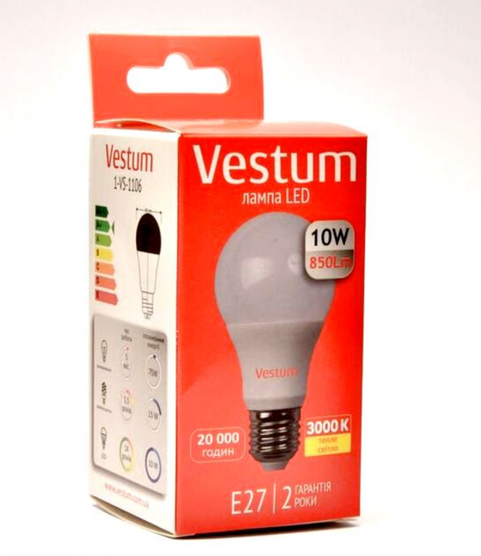 Лампа LED Vestum A60 10W 3000K 220V E27