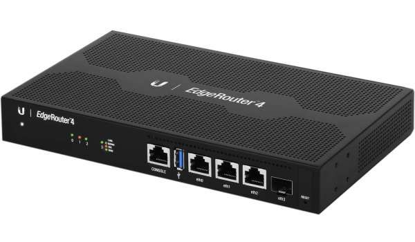 Маршрутизатор Ubiquiti EdgeRouter 4 (ER-4), 1xSFP cage, 3xGLAN, 1хRJ45 Management Port, CPU (4-cores) 1 GHz per core, 1GB RAM, 4GB eMMC NAND Flash, USB port, EdgeOS, 1U rackmount case