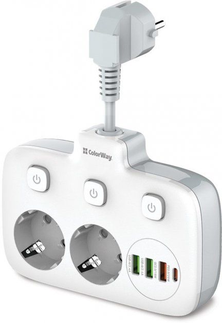 Мережевий фільтр СolorWay CW-CHE24PDW 2розетки, 3*USB, 1*USB-C порти білий