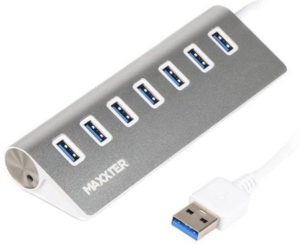 Адаптер Пристрій USB Hub Maxxter HU3A-7P-01 на 7 портів USB 3.0, сріблястий