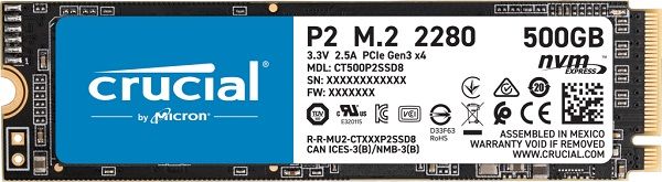 Твердотільний диск M.2  500GB Crucial P2   NVMe PCIe Gen3 x4, Read/Write 2300/940 MB/s  (CT500P2SSD8)