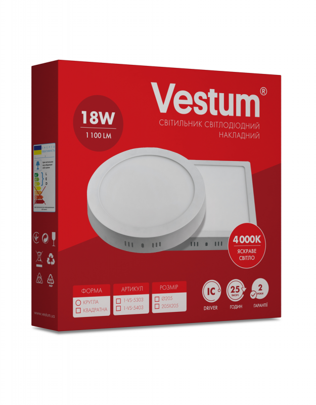 Светильник LED накладной круглый Vestum 18W 4000K 220V