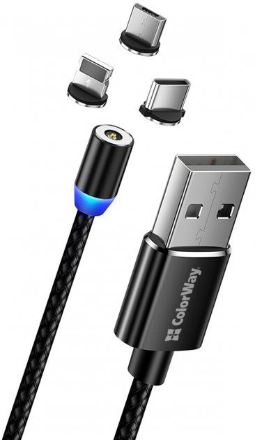 Кабель ColorWay USB - 3в1 (Lightning+MicroUSB+Type-C) Magnetic 2.4А 1м чорний (CW-CBUU020-BK)