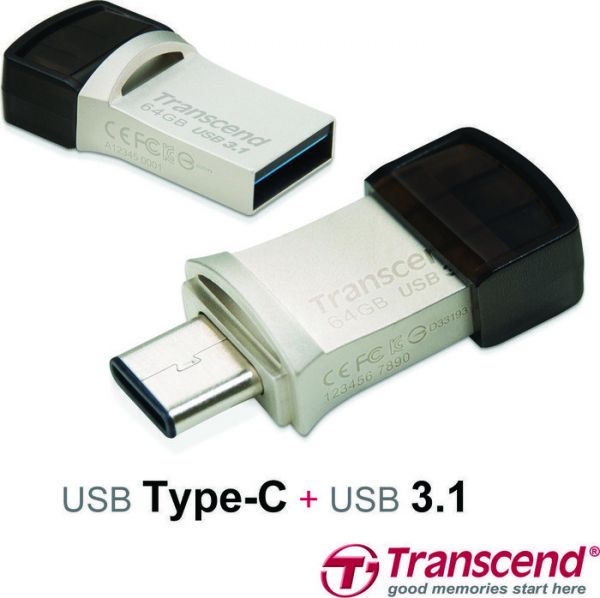 Накопичувач Type-C/USB Flash drive   64GB Transcend JetFlash 890  (USB3.1, Read 90MB/s Write 30MB/s)