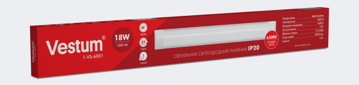 Светильник линейный LED Vestum 0,6м 18W 6500K 220V IP20