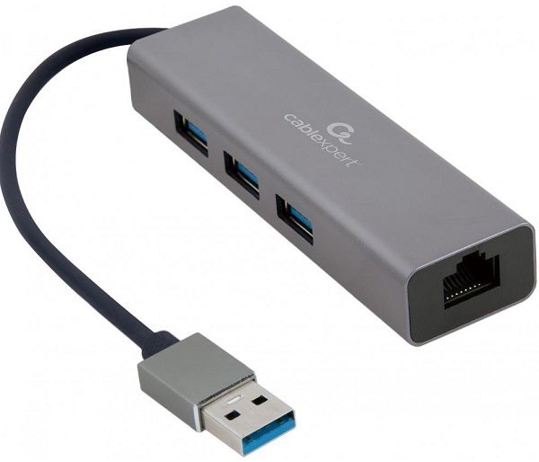 Адаптер Пристрій USB Hub Cablexpert на 3 порти USB 3.1 + Gigabit Ethernet, темно-сірий (A-AMU3-LAN-01)