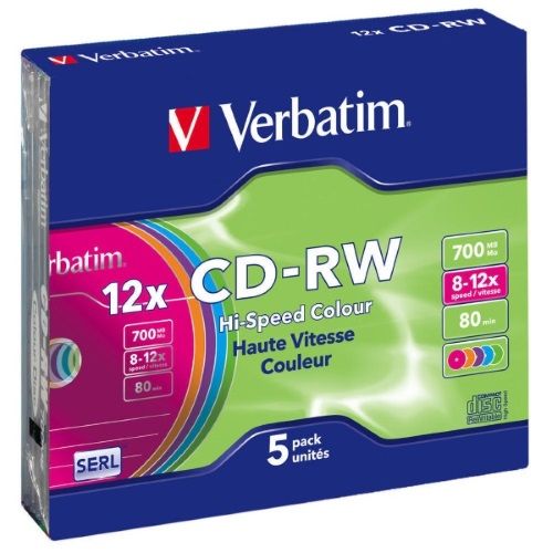 Диск CD-RW 700MB Verbatim DataLife 12x Slim  Color 5pcs