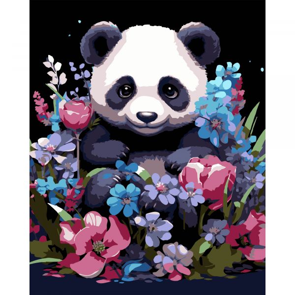 Картина за номерами Strateg ПРЕМІУМ Весняна панда на чорному фоні розміром 40х50 см (AH1203-17)