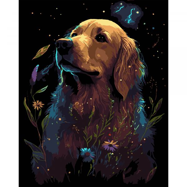 Картина за номерами Strateg ПРЕМІУМ Золотий ретривер на чорному фоні розміром 40х50 см (AH1206-17)