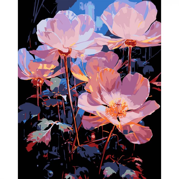 Картина за номерами Strateg ПРЕМІУМ Нічні квіти на чорному фоні розміром 40х50 см (AH1224-17)