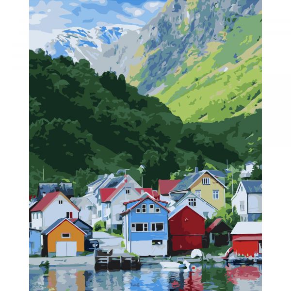 Картина за номерами Strateg ПРЕМІУМ Будинки на воді з лаком розміром 40х50 см VA-3167