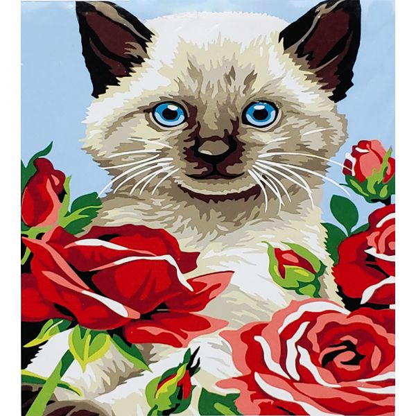 Картина за номерами Strateg ПРЕМІУМ Котик в трояндах з лаком розміром 30х40 см (SS6645)
