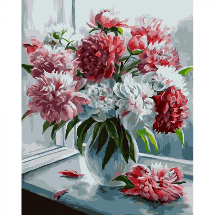 Набір для розпису по номерах Букет піонів біля вікна Strateg розміром 40х50 см (GS071)
