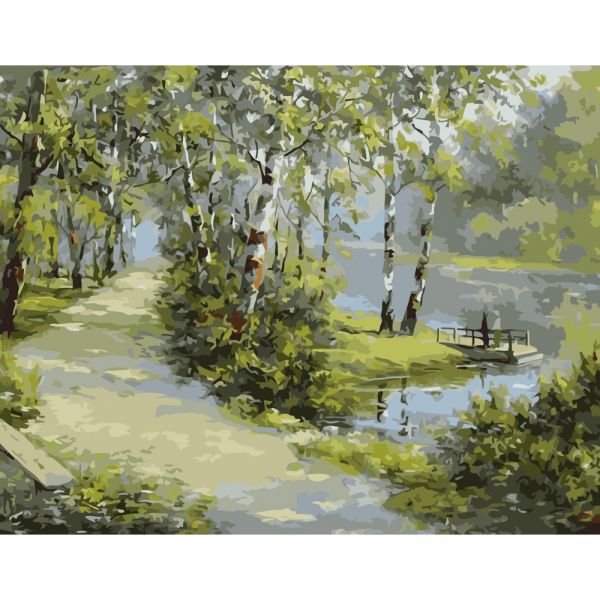 Картина за номерами Strateg ПРЕМІУМ Берези біля пруда розміром 40х50 см (GS094)