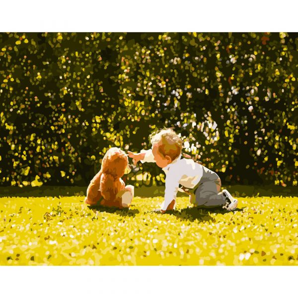 Картина за номерами Strateg ПРЕМІУМ Хлопчик з медвежам розміром 40х50 см (GS220)