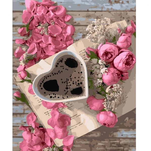 Картина за номерами Strateg ПРЕМІУМ Кава у трояндах розміром 40х50 см (HH006)