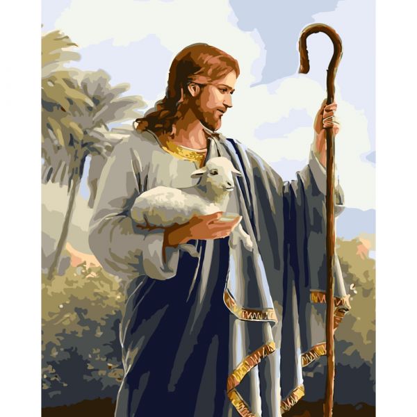 Картина за номерами Strateg ПРЕМІУМ Ісус з ягням розміром 40х50 см (GS413)