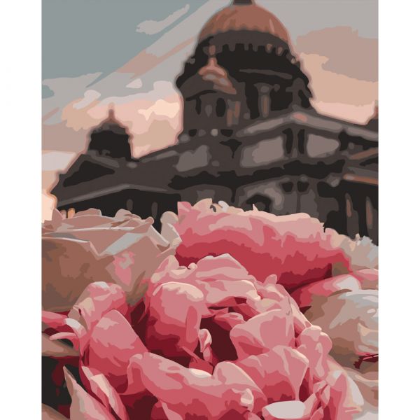 Картина за номерами Strateg ПРЕМІУМ Півонії на фоні Ісаакіївського собору розміром 40х50 см (GS436)