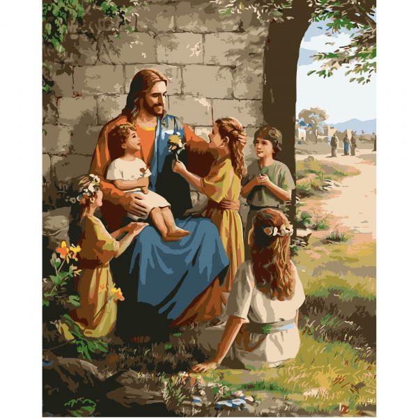 Картина за номерами Strateg ПРЕМІУМ Діти з пастором розміром 40х50 см (GS492)