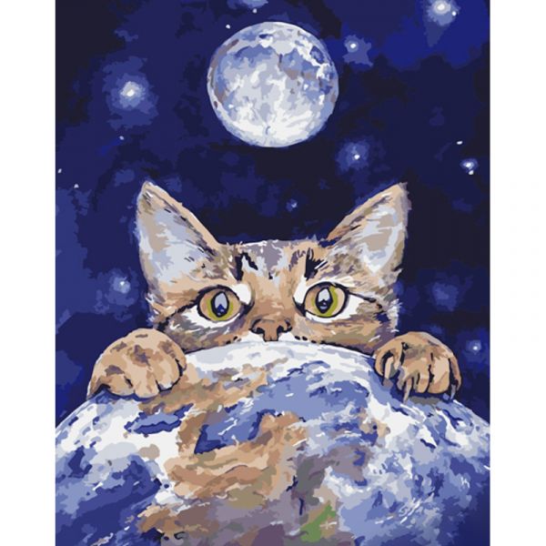 Картина за номерами Strateg ПРЕМІУМ Котик в космосі з лаком розміром 40х50 см (GS876)