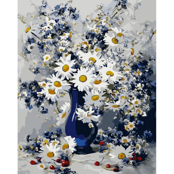 Картина за номерами Strateg ПРЕМІУМ Ромашки в синій вазі з лаком розміром 40х50 см (GS1151)