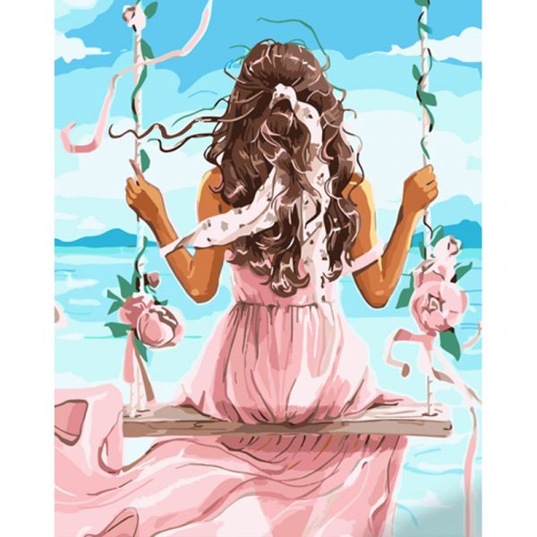 Картина за номерами Strateg ПРЕМІУМ На гойдалці в рожевому з лаком розміром 40х50 см (GS1277)