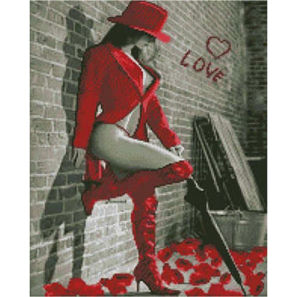 Алмазна картина Strateg ПРЕМІУМ Дівчина в червоному розміром 40х50 см (L-207)