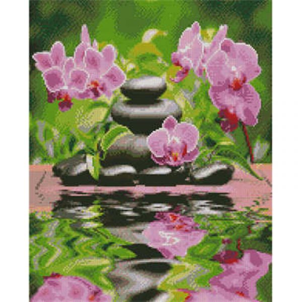 Алмазна картина Strateg ПРЕМІУМ Орхідеї та каміння розміром 40х50 см (L-345)