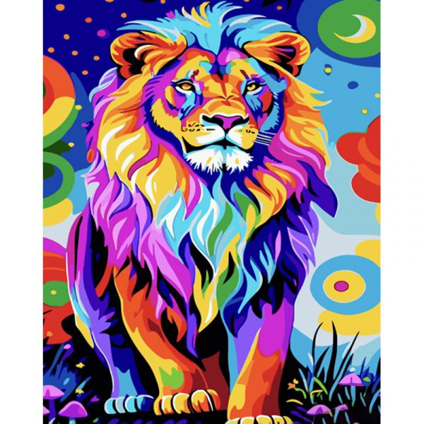 Картина за номерами Strateg ПРЕМІУМ Поп-арт лев з лаком та з рівнем розміром 40х50 см (GS1538)