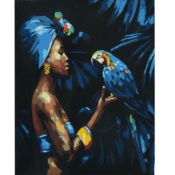 Картина за номерами Strateg   Африканська дівчина з папугою розміром 50х50 см (АА018)