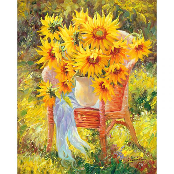 Алмазна мозаїка Strateg ПРЕМІУМ Натюрморт соняхи на стільці без підрамника розміром 30х40 см  (JSDF81916)