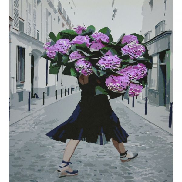 Картина за номерами Strateg ПРЕМІУМ Дівчина з букетом з лаком та з рівнем розміром 30х40 см (SS6470)