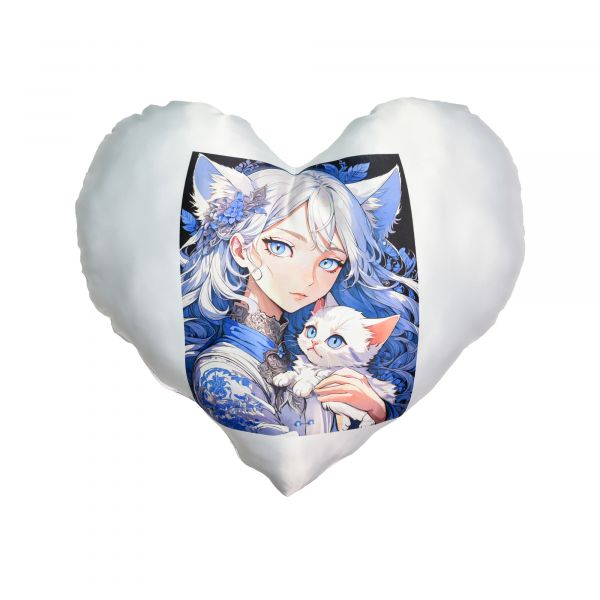 Подушка "Серце" "Аніме дівчина з кошеням" (рожева) з нанесенням сублімації (60701)