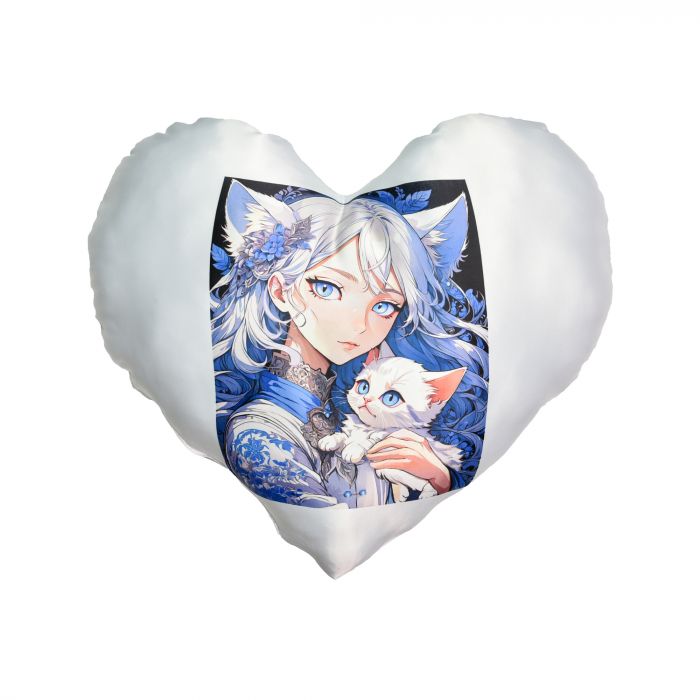 Подушка "Серце" "Аніме дівчина з кошеням" (рожева) з нанесенням сублімації (60701)