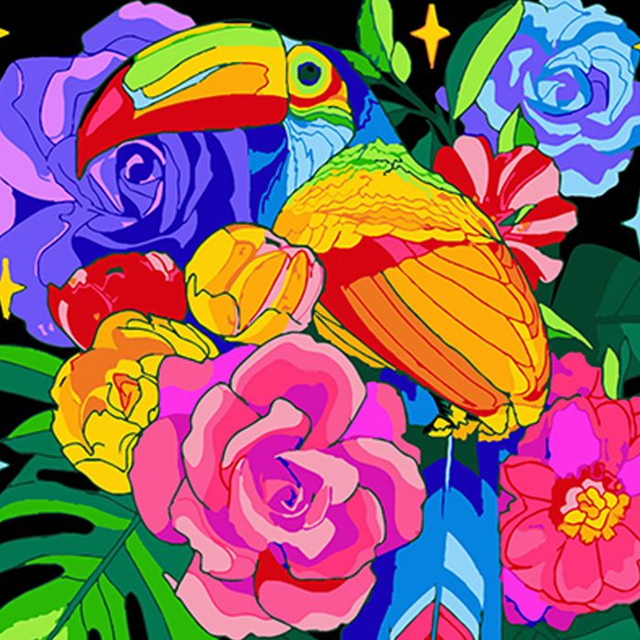 Набір для розпису по номерах Тукан і квіткове багатство Strateg на чорному фоні розміром 40х40 см (A