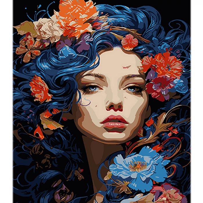 Набір для розпису по номерах Дівчина з квітами у волоссі Strateg на чорному фоні розміром 40х50 см (