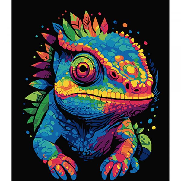 Набір для розпису по номерах Хамелеон і калейдоскоп кольорів Strateg на чорному фоні розміром 40х50