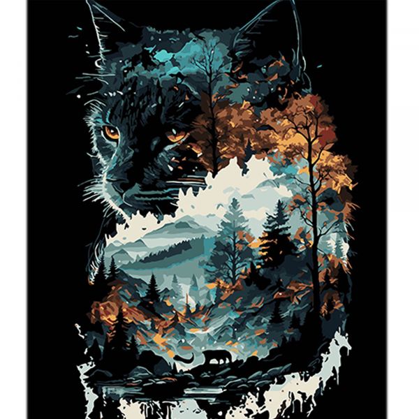 Набір для розпису по номерах Кішка в подвійній експозиції Strateg на чорному фоні розміром 40х50 см