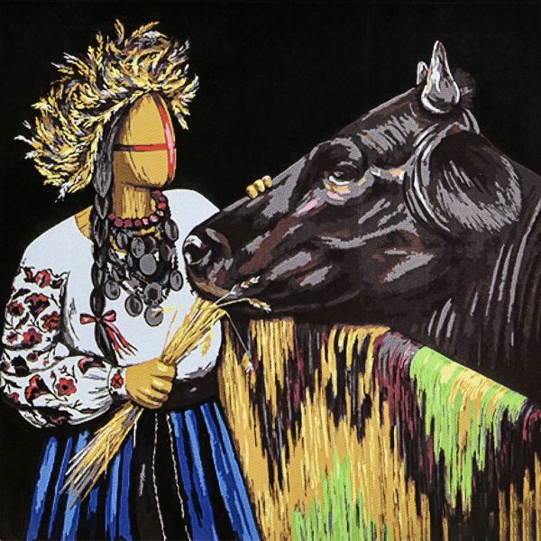 Картина за номерами Strateg ПРЕМІУМ Годувальниця на чорному фоні з лаком розміром 40х40 см (AV4040-93)