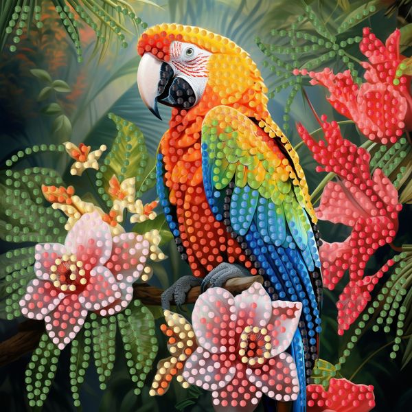 Алмазна мозаїка Strateg ПРЕМІУМ Папуга у джунглях на паперовій основі розміром 18х18 см (ZAV1818-5)